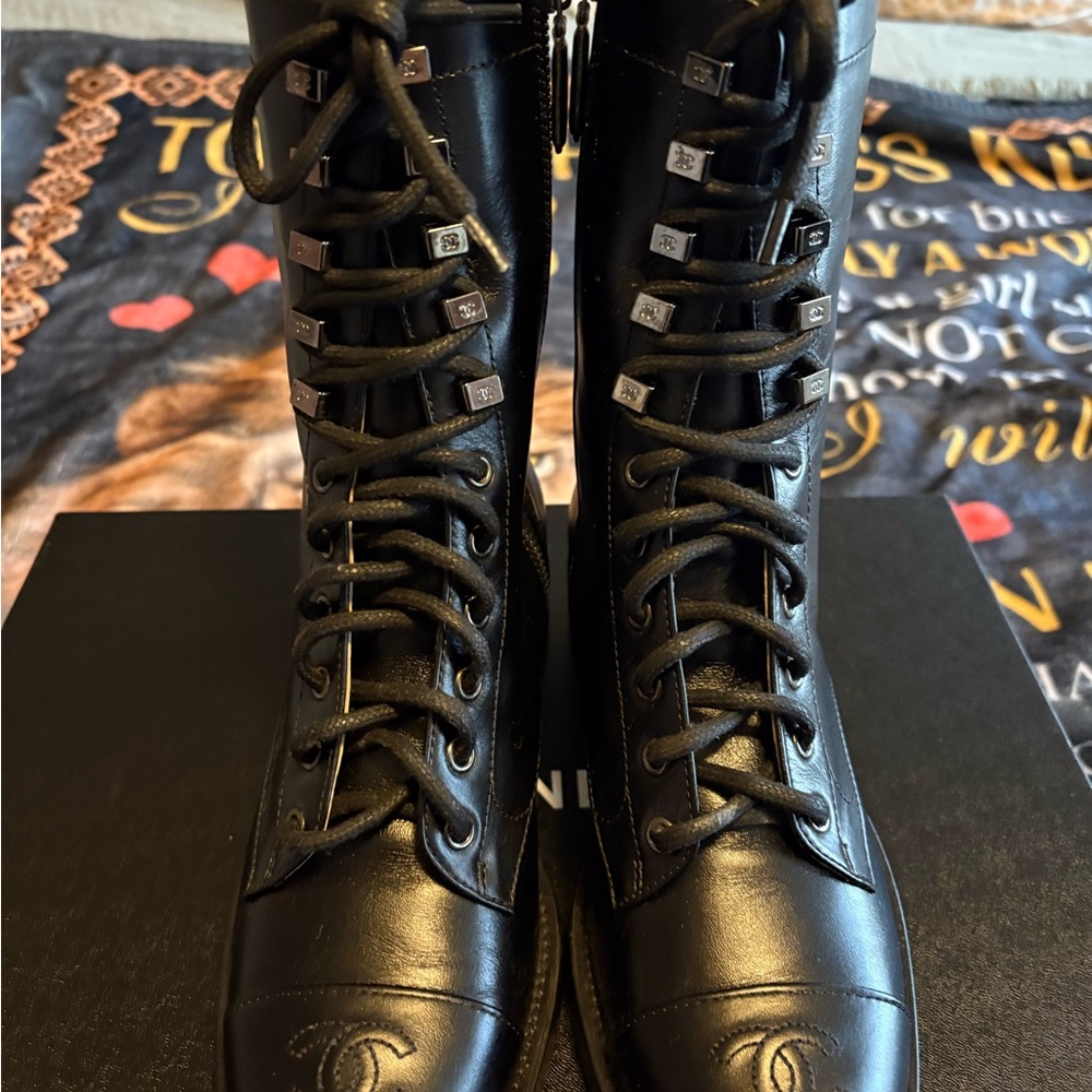 CHANEL Black Leather Combat Boots - Picture 5 of 7